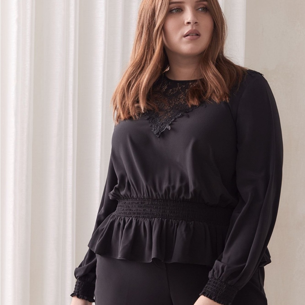 Women’s Black Lace-Trim Smocked Peplum Top